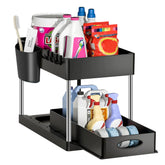 2 Tier under Sink Organizer Sliding Cabinet Basket Organizer Storage Rack with Hooks Hanging Cup Bathroom Kitchen Organizer