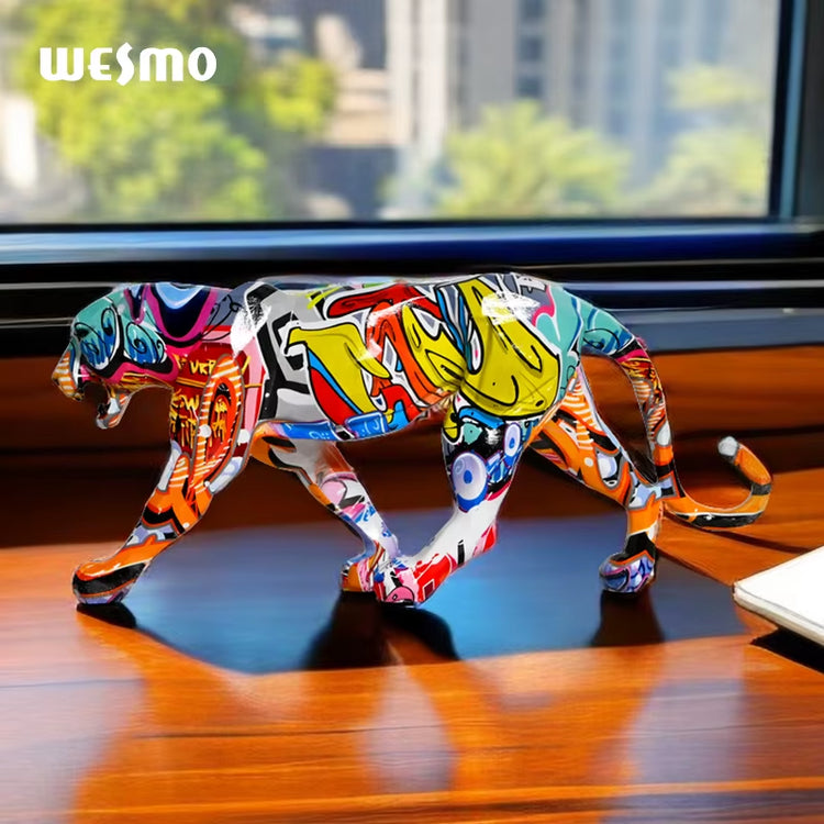 Custom Creative Colorful Art Graffiti Animal Leopard Statue Resin Crafts Modern Home Decoration Sculpture