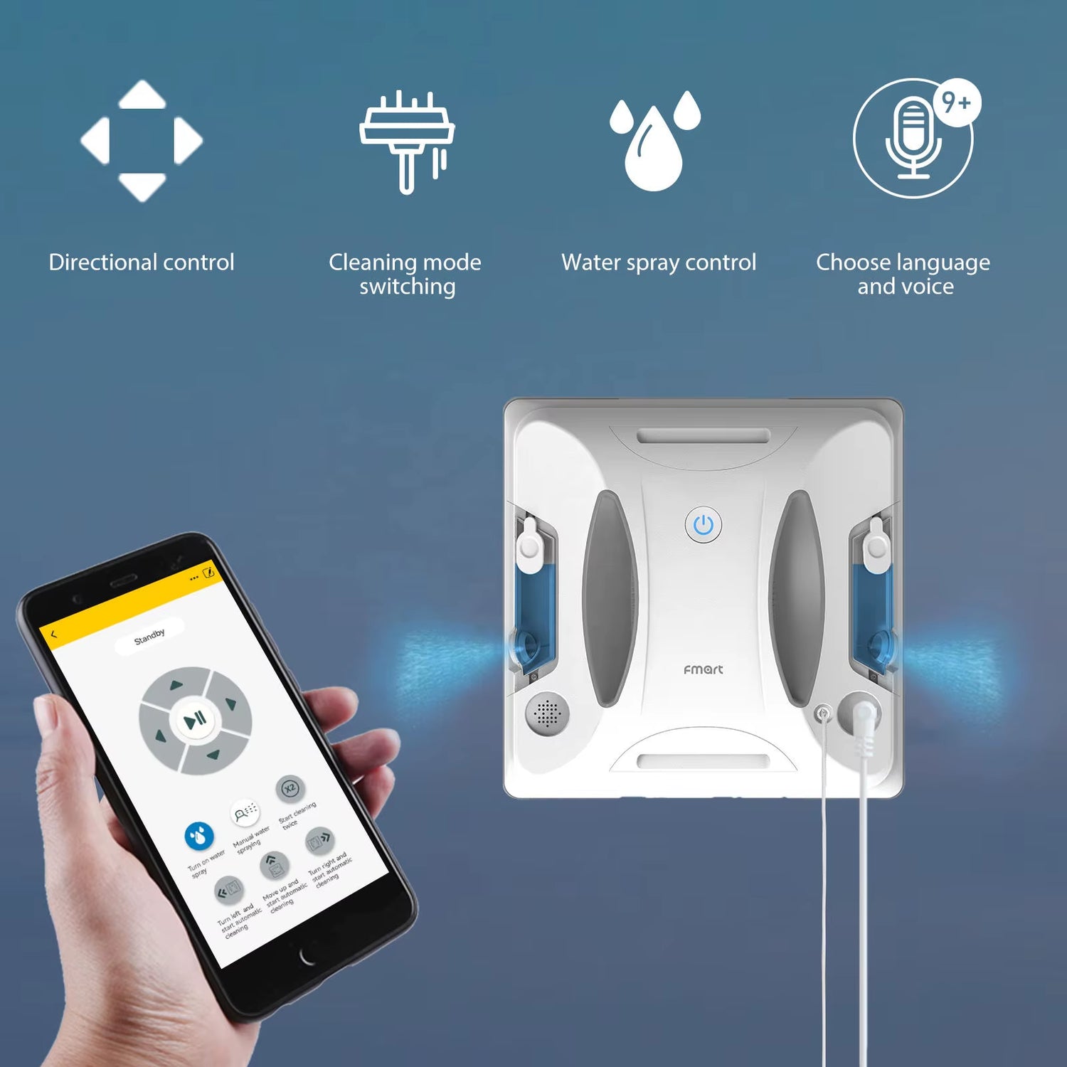 Two-Way Water Spray Smart Robot Window Washer W6 Anti-Drop 10 Language Options Remote Control Electric for Household Car Use