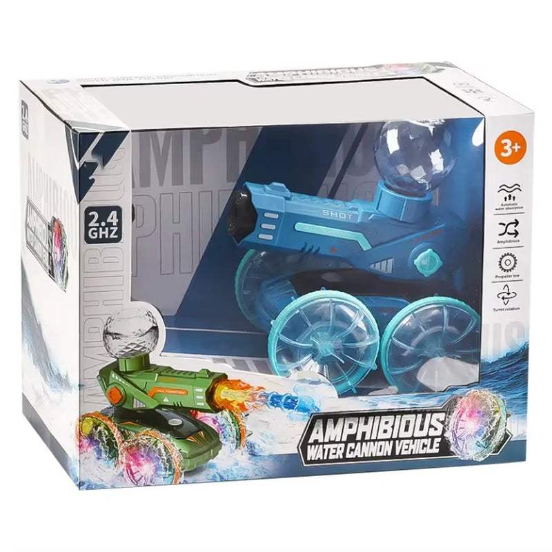 Dual Watch Remote Control 360 Rotating Flashing Light Transparent Wheel Amphibious Shoot Water Spray RC Stunt Car Toys for Kids
