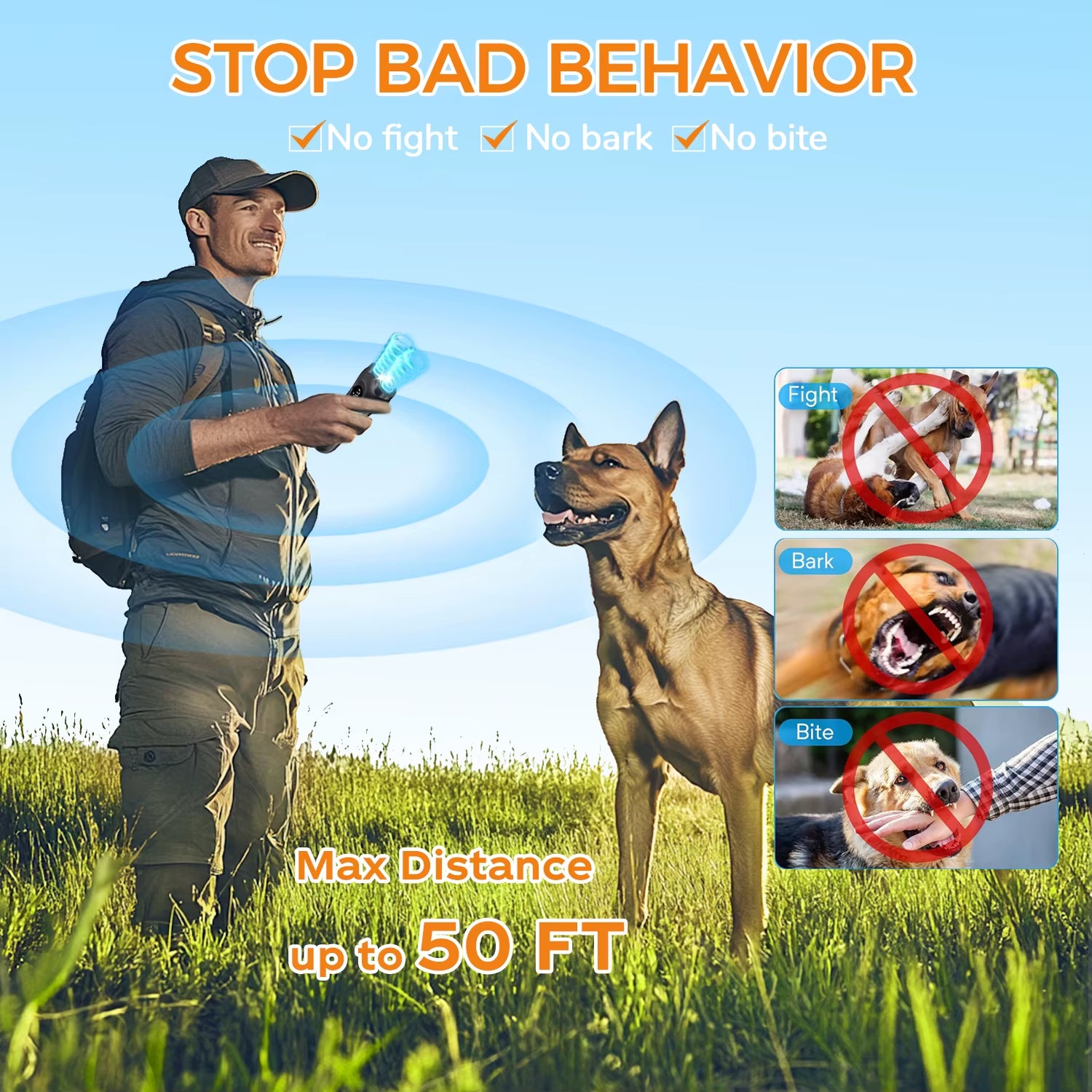 2025 Factory Wholesale 50Ft Dog Repeller Ultrasonic with 3 Training Modes 2 Flashlight Modes Humane Device for Dog Bark Control