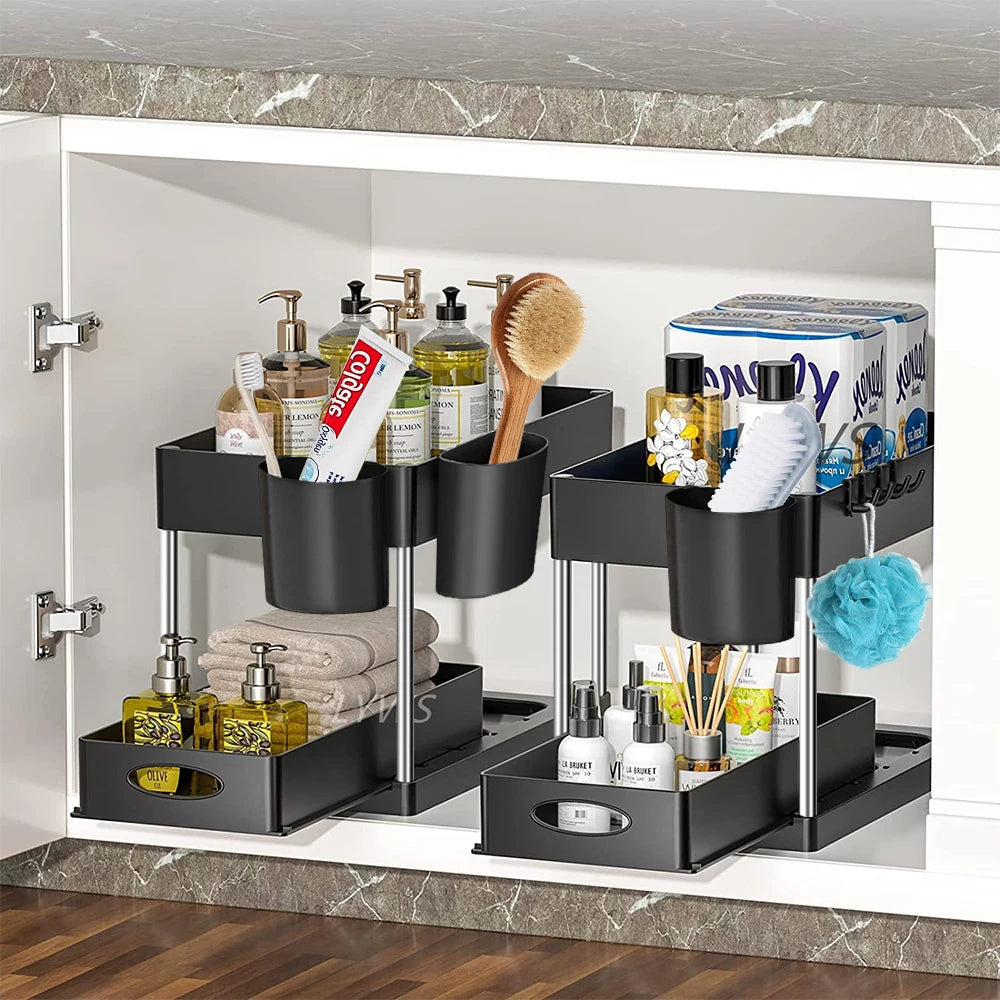 2 Tier under Sink Organizer Sliding Cabinet Basket Organizer Storage Rack with Hooks Hanging Cup Bathroom Kitchen Organizer