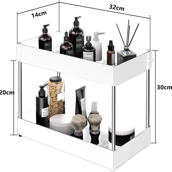 2 Tier under Sink Organizer Sliding Cabinet Basket Organizer Storage Rack with Hooks Hanging Cup Bathroom Kitchen Organizer