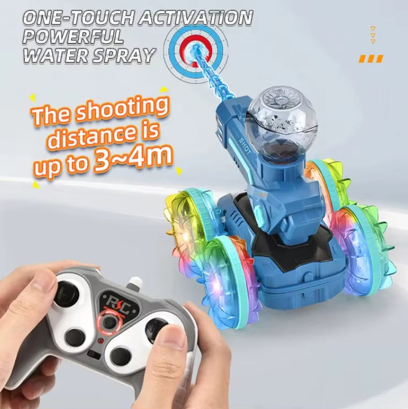 Dual Watch Remote Control 360 Rotating Flashing Light Transparent Wheel Amphibious Shoot Water Spray RC Stunt Car Toys for Kids