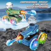 Dual Watch Remote Control 360 Rotating Flashing Light Transparent Wheel Amphibious Shoot Water Spray RC Stunt Car Toys for Kids