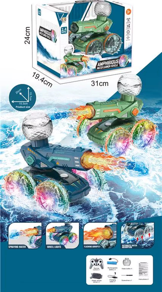 Dual Watch Remote Control 360 Rotating Flashing Light Transparent Wheel Amphibious Shoot Water Spray RC Stunt Car Toys for Kids