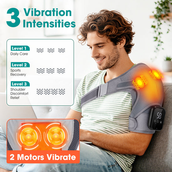 Electric Shoulder Massager Heat Vibration Therapy Adjustable Strap Pain Relief Device
